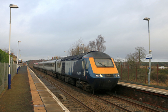 On a very dull day Scotrail HST Class 43 No 43146 with 43036 at rear passes through Ladybank station, Fife on 16.12.23 with 1B74 0904 Aberdeen to Edinburgh service