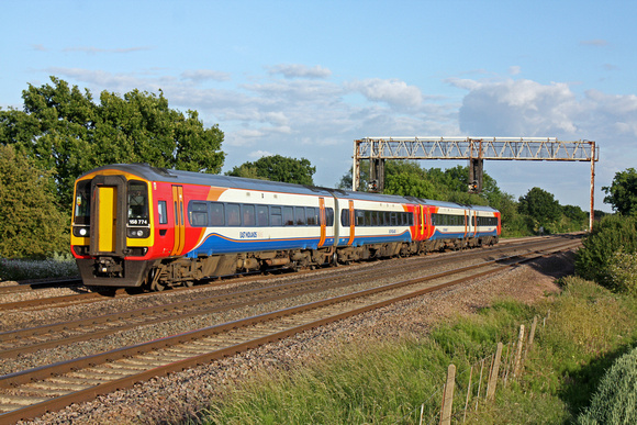 Class 158 EMT Units No's  158774 & 158788 at Cossington, MML heading north  towards Sileby Junction on 7.6.11 with 1925 Leicester - Lincoln Central special service due to an earlier signal failure at