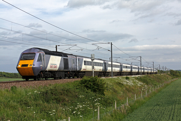 East Coast HST 43313 and 43317  at Frinckley Lane, Marston north of Grantham, ECML on 1.6.11 with 1703 Kings Cross - Leeds service