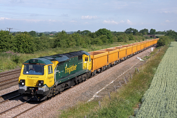 70010 at Cossington heading towards Syston East Junction on 29.6.11 with  6D43 0901 Sandiacre Ballast Sdgs - Mountsorrel empty Network Rail yellow IOA wagons via Humberstone Road, Leicester