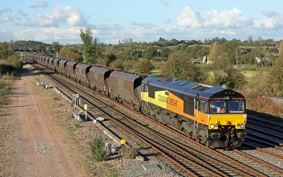 Colas 66849'Wylam Dillie' at Trowell, Erewash Valley Line, heading towards Toton Centre on 19.10.11. with 6M86 Wolsingham - Ratcliffe Power Station loaded coal hoppers