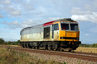 60054 is seen on its test run following overhaul, at Kirby Bellars heading towards Melton Mowbray, on 12.10.11 with 0F54 1000 Toton - Toton via Peterborough. It will then be painted in DBS red