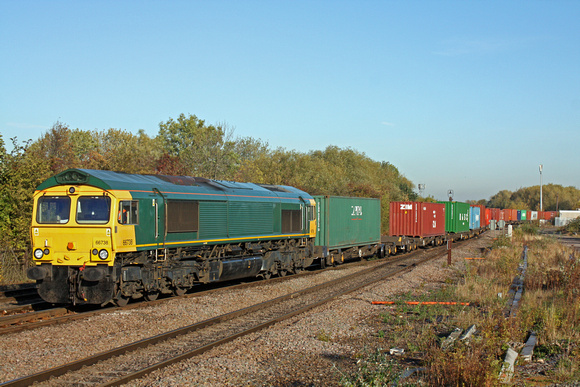 GBRf 66738 still in unbranded ex-Freightliner livery at Syston South Junction on 26.10.11 heading towards Leicester with 4M29 0442 Felixstowe GBR - Barton Dock (Trafford Park) Intermodal