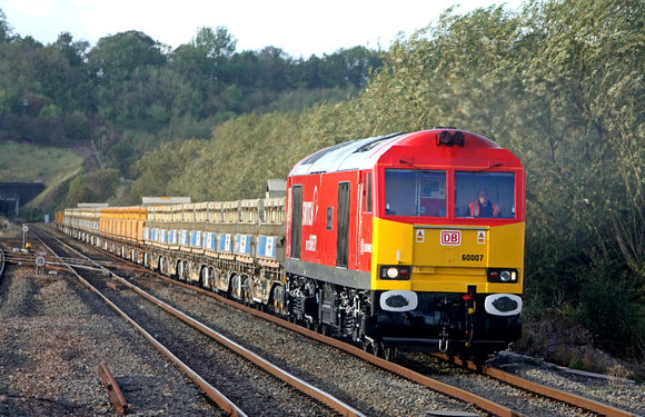 DB Schenker livery 60007'The Spirit of Tom Kendell' at Ratcliffe Junction approaching East Midlands Parkway station on 13.9.11 with 6L15 1752 Toton N Yard - Whitemoor engineers train