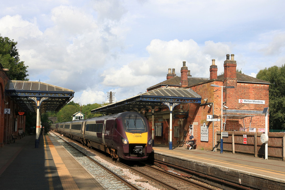EMR Class 222 Meridian unit Nos 222019 & 222014 power through Melton Mowbray station on 27.7.24 with diverted 1C29 0825 Sheffield to St Pancras International service due to electrification work iin Le