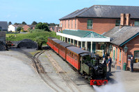 0-4-0 tank engine No 7 'Tom Rolt' about to depart Tywyn Wharf, Talyllyn Narrow Gauge Railway that has an unusual track gauge of 2'3″ on  6.6.24 waiting with 1220 Tywyn Wharf to Nant Gwernol service