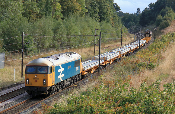 GBRf 69002 Bob Tiller CM&EE heads 6N71 1145 Doncaster Up Decoy to Tyne S.S. departmental at Plawsworth near Durham on 25.9.24 with GBRf Class 66 No 66797 at rear