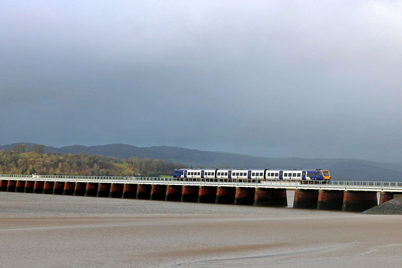 On an atrocious wet and windy day Northern Class 195 No 195115 heads across Arnside Viaduct on 28.1.20 with 1C53 1028 Manchester Airport to Barrow-in-Furness service