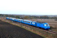 In virtually no light Midland LSL Blue Pullman HST 43050 Loch Morar with 43049 at rear powers past Plawsworth near Durham on 20.10.24 with 1Z46 0905 Fort William to Stoke-on-Trent Charter
