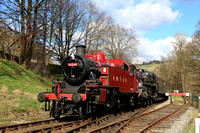 LMS Ivatt Class 2MT 2-6-2T No 41241 & BR Standard Class 4MT 4-6-0 approach Oxenhope on 24.3.24 with 1350 Keighley to Oxenhope service at the K&WVR Steam Gala March 2024