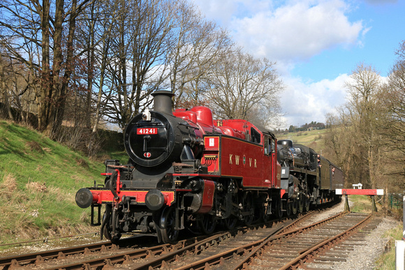 LMS Ivatt Class 2MT 2-6-2T No 41241 & BR Standard Class 4MT 4-6-0 approach Oxenhope on 24.3.24 with 1350 Keighley to Oxenhope service at the K&WVR Steam Gala March 2024