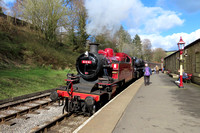 LMS Ivatt Class 2MT 2-6-2T No 41241 & BR Standard Class 4MT 4-6-0 arrives at Oxenhope station on 24.3.24 with 1350 Keighley to Oxenhope service at the K&WVR Steam Gala March 2024 (SMB)