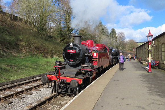 LMS Ivatt Class 2MT 2-6-2T No 41241 & BR Standard Class 4MT 4-6-0 arrives at Oxenhope station on 24.3.24 with 1350 Keighley to Oxenhope service at the K&WVR Steam Gala March 2024 (SMB)