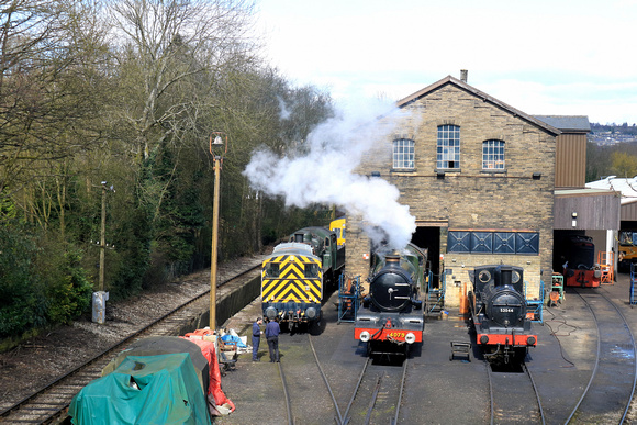 GWR Castle Class 4079 'Pendennis Castle' steams ready to depart Haworth shed, K&WVR on 24.3.24 to work a service at Steam Gala 2024. Also seen L&Y Class 25 0-6-0 52044 & Shunter Class 08 No 08993 'Ash