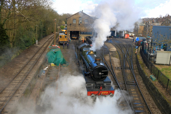 GWR Castle Class 4079 'Pendennis Castle' departs Haworth shed, K&WVR on 24.3.24 to work a service at the Steam Gala March 2024. Also seen is L&Y Class 25 0-6-0 52044 & Shunter Class 08 No 08993 'Ashbu