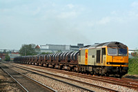 60055 in EWS two tone grey livery at Loughborough on 6.5.08 with 6M96 0548 Margam - Corby BSC loaded steel coil wagons