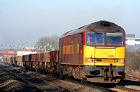 A powerful shot of 60100 in EWS livery at Loughborough South Junction on 13.2.08 with 6F76 Toton North Yard - Bardon Hill Quarry empty ballast wagons