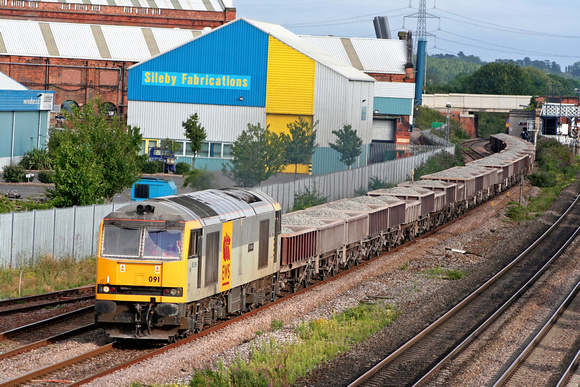 60091 on the slow line through Loughborough on 18.8.08 with 6D76 1535 bardon Hill Quarry - Toton loaded ballast wagons