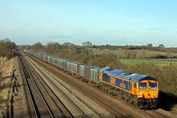 GBRf 66759 'Chippy' is seen at Cossington, MML on 16.2.16 with 4E83 1315 Hotchley Hill (East Leake) - Doncaster Robert Rds Shed empty Gypsum containers running round at Humberstone Rd, Leicester