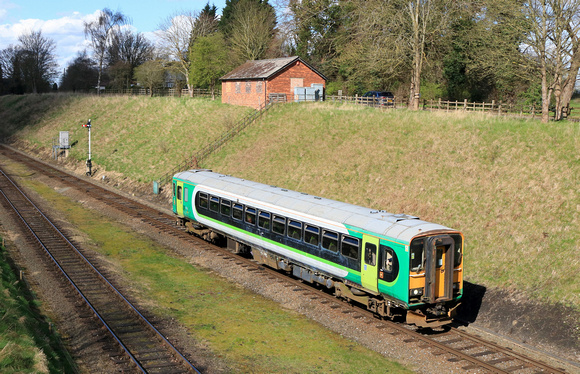 Former West Midlands Railway Class 153 No 153371 now at GCR for training uses by the railway seen near Rothley Station on 30.3.24 with 1340 Loughborough to Rothley Brook service at Easter on the Rails