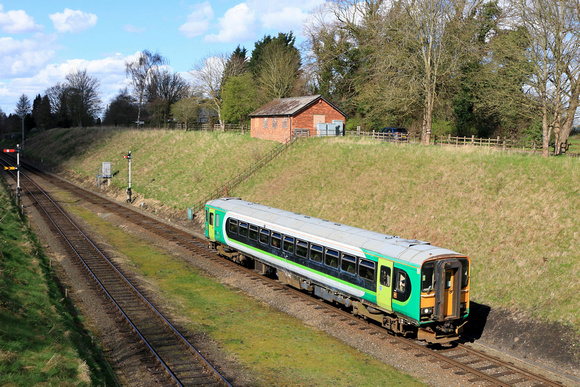 Former West Midlands Railway Class 153 No 153371 now at GCR for training uses by the railway approaches Rothley Station on 30.3.24 with 1340 Loughborough to Rothley Brook service at Easter on the Rail