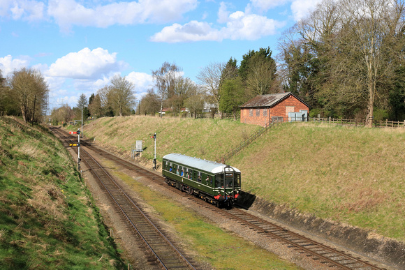 BR Derby Lightweight Railcar M79900 'Iris' approaches Rothley Station on 30.3.24 with 1235 Loughborough to Rothley Brook service via Mountsorrel branch at GCR Easter on the Rails 2024 event