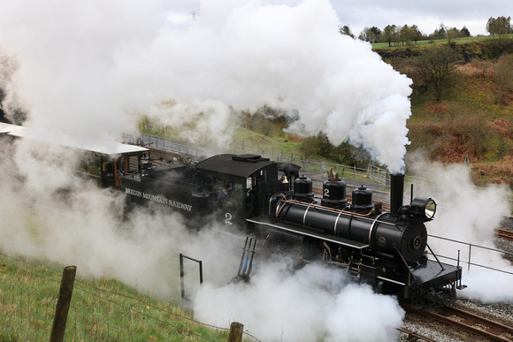 Surrounded by steam, No 2 Baldwin Loco gets underway from Pant station, Brecon Mountain Railway on 11.4.24 with 1100 Vintage Train service to Torpantau