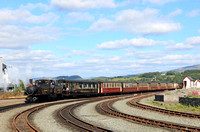 'James Spooner' is a brand-new Double Fairlie, built 2023. On 12.6.24 the loco arrives  at Porthmadog station, Ffestiniog and Welsh Highland Railways with 1625 Bl. Ffestiniog to Porthmadog Mountain Sp