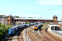Avanti W.C. Evero Class 805 No 805001 with 805009 behind stabled at new Holyhead TMD on 30.6.24. Seen stabled in the station sdgs for next day is DBC 67008 and set HD03) TfW 1V91 0530 Holyhead to Card