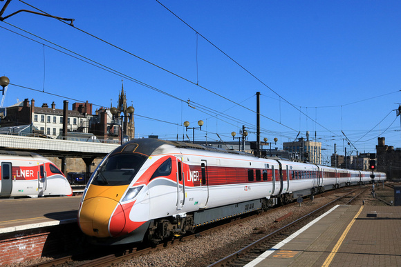LNER Class 801 No 801202 arrives at Newcastle station on 7.4.25 with 1E12 1100 Edinburgh to London Kings Cross service. LNER Class 801 No 801112 arrived with 1L43 1107 York to Newcastle service
