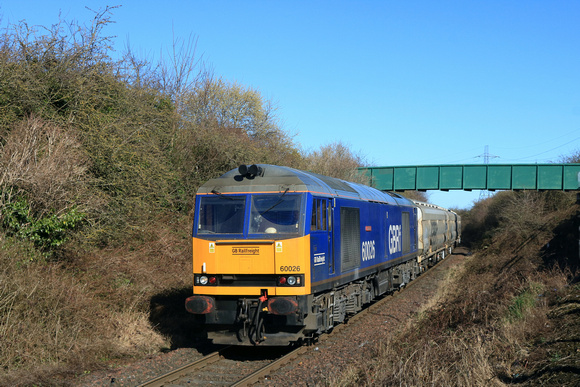 Beacon Rail blue liveried GBRf Class 60 No 60026 Helvellyn on the Tyne Dock freight only line at Brockley Whins with 6N22 1351 Tyne Coal Terminal Gbrf to Lynemouth Power Stn (Gbrf) loaded Biomass hopp