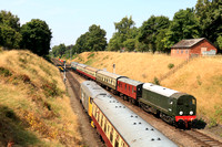 Preserved Class 20 No D8001 at Rothley on 2.8.24 with 1430 Loughborough to Leicester North service, passes Class 31 No 31108 with 1430 Leicester North to Loughborough at GCR Diesel Running Day with 31