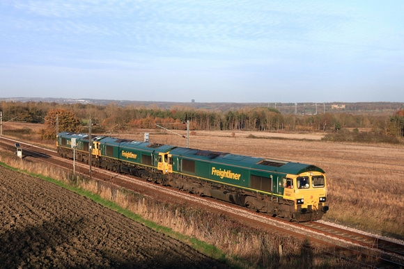 A trio of Freightliner Class 66 loco's No's 66547, 66557 & 66593 pass Plawsworth heading towards Durham on 12.11.24 with 0D53 1346 Tyne S.S. to Leeds Balm Rd Loco (Fhh) move