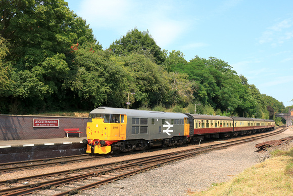 Preserved Class 31 No 31108 arrives at Leicester North station on 2.8.24 with 1200 Lougborough yo Leicester North service at the GCR Diesel Running Day with 31108 and D8001