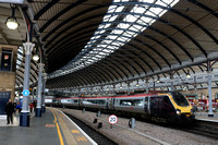 Crosscountry Class 221 Voyager No 221115 waits at Newcastle station on 8.11.24 with 1S37 0524 Plymouth to Edinburgh service