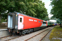 Mk3 ex HST buffet coach, No 40701, Class 122 DMBS E 55012 stabled & Preserved Pacer Class 142 No 142078 waits at Stanhope station, Weardale Railway on 28.9.24 with 1410 service to Bishop Auckland West