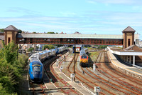 Avanti W.C. Evero Class 805 No 805001 with 805009 behind stabled at new Holyhead TMD on 30.6.24. Also seen stabled in station sdgs for next day is DBC 67008 and set HD03) TfW 1V91 0530 Holyhead to Car