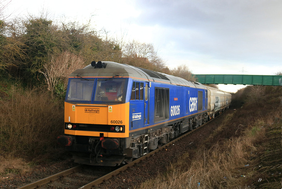 GBRf Beacon Rail blue liveried Class 60 No 60026 Helvellyn seen at Brockley Whins on the Tyne Dock freight only line on 25.2.25 with 6N22 1351 Tyne Coal Terminal Gbrf to Lynemouth Power Stn (Gbrf) loa