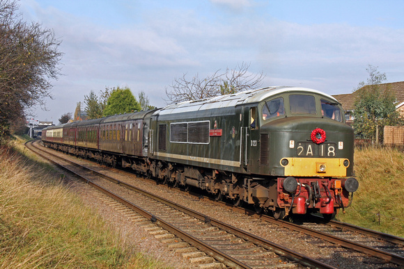 D123 is seen at Charnwood Water, Loughborough on 8.11.09 with 1215 Loughborough - Leicester North GCR service with a Remembrance Day wreath