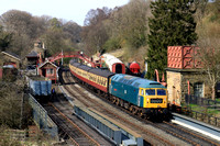 Class 47 No 47077 North Star waits at Goathland station on 12.4.25 with 1410 Whitby to Pickering NYMR service deputising for steam loco ban due to fire risk regulations