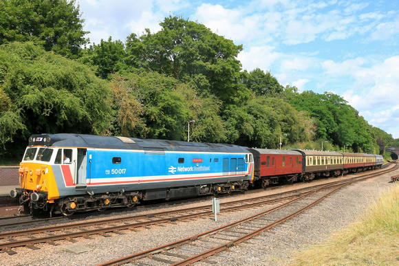 Preserved Class 50 No 50017 Royal Oak in NSE livery arrives at Leicester North station on 27.7.24 with 1110 Loughborough to Leicester North GCR diesel service