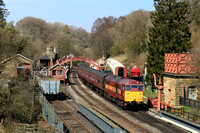 Class 31 No 31466 in EWS livery waits at Goathland station on 12.4.25 with 1235 Whitby to Pickering NYMR service deputising for steam loco ban due to fire risk regulations