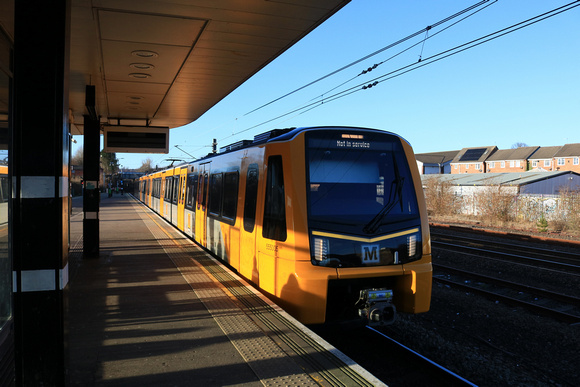 New Tyne & Wear Stadler built Metro train No 555005 at Pelaw station on 1912.24 heading to South Shields from Airport on driver training