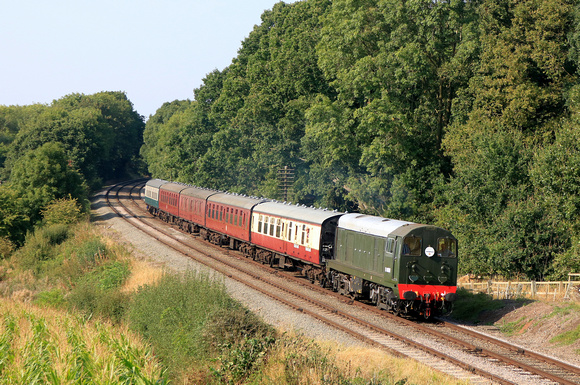 Class 20 D8001 (20001) from Epping Ongar Railway seen at Kinchley Lane on 6.9.24 with 2A36 1540 Loughborough to Leicester North service at GCR Autumn Diesel Gala 2024