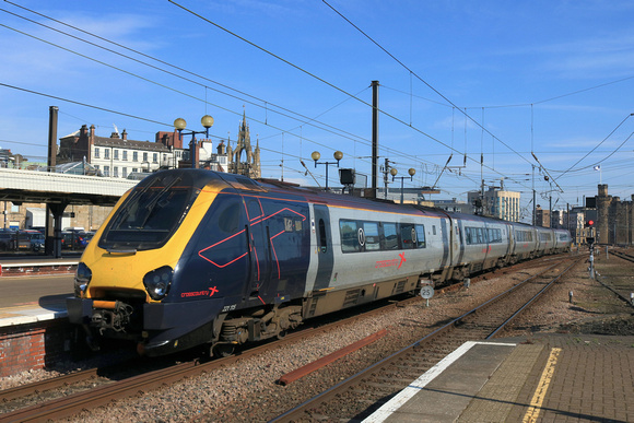 CrossCountry Voyager Class 221 No 221115 in ex Avanti West Coast livery arrives at Newcastle station on 19.3.25 with 1V60 0820 Aberdeen to Penzance service