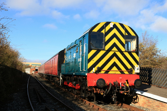 Class 08 No 08915 waits at Middle Engine Lane Halt on 31.10.24, deputising for a steam engine, with 1245 Halloween service to Percy Main Halt on the Stephenson Steam Railway, North Shields, Tyne and W
