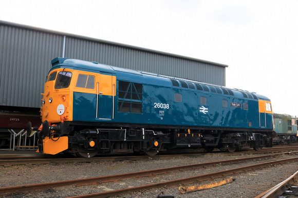 Preserved Class 26 No 26038 Tom Clift 1954 - 2012 looks immaculate after completion of a 4 year overhaul at the Bo’ness & Kinneil Railway seen on 11.10 24 in Bo'ness Yard sdgs 26024 under restoration