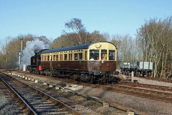 Visiting GWR 4575 Class No 5526 pushes Auto Coach W178 past Mountsorrel branch, Swithland Sdgs on 9.1.11 with 1100 Loughborough - Leicester North service at the special running weekend 8 & 9 Jan 2011