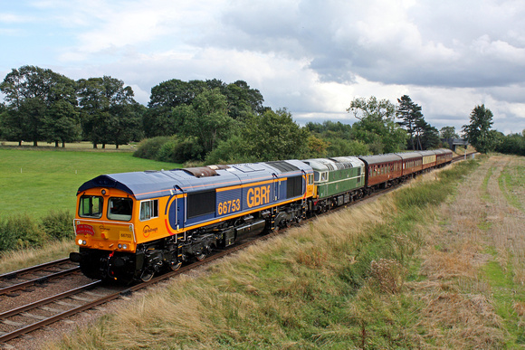 Guest GBRf 66753 pilots D5401 at Woodthorpe on 30.8.14 with 1525 'The Royal Highlander' Leicester North - Loughborough service at the GCR  Diesel Gala August 2014