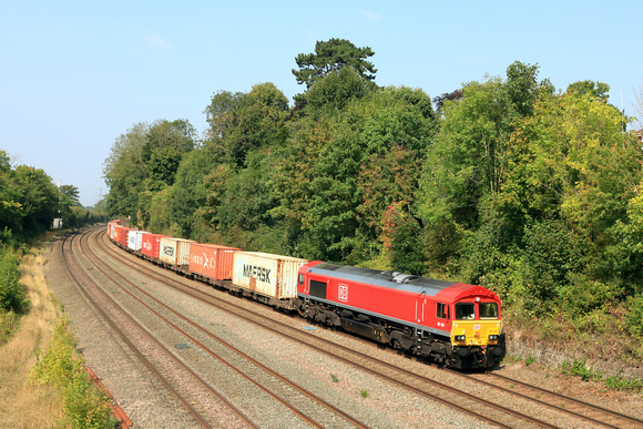 DB Cargo Class 66 No 66181 in red livery passes Barrow upon Soar, MML on 6.9.24 with 4L38 1055 East Mids Gateway Tml Dbc to Felixstowe North Dbc Intermodal
